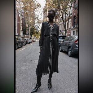 Zara, black, contrast piping belted pleated midi dress, size M